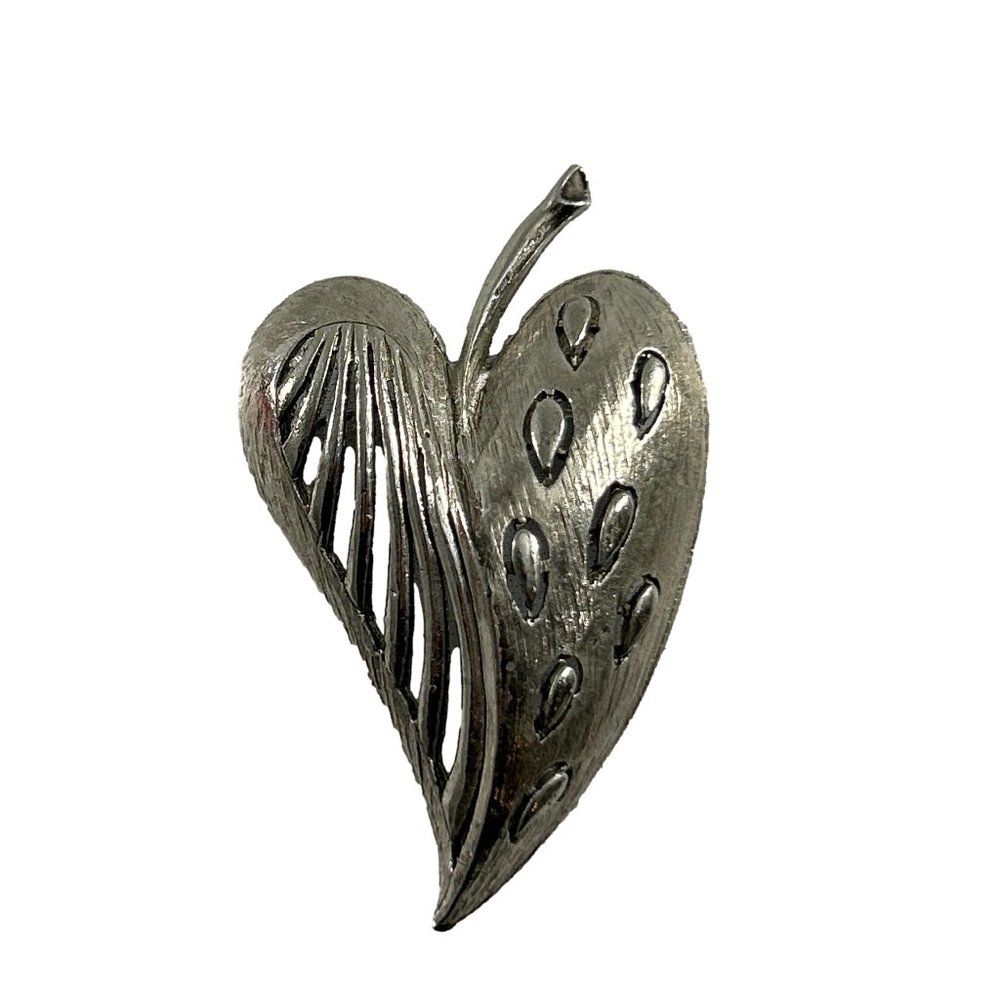 Vintage Silver Tone Heart Shaped Leaf Brooch Large Open Work 2.75"